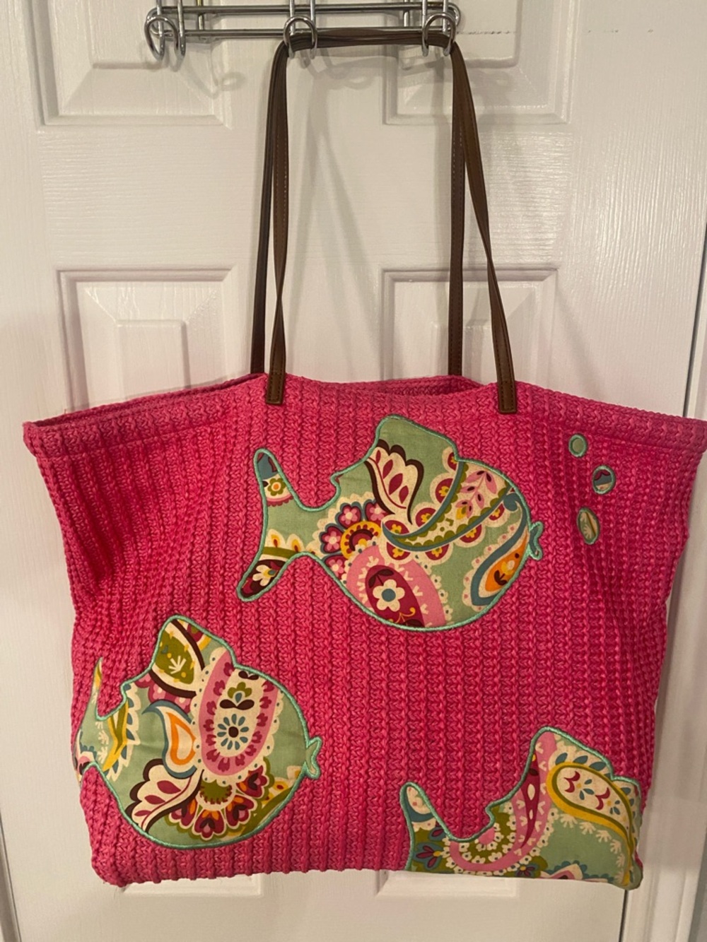 Vera Bradley SEASHORE Straw Tote with Paisley Fish Appliques
